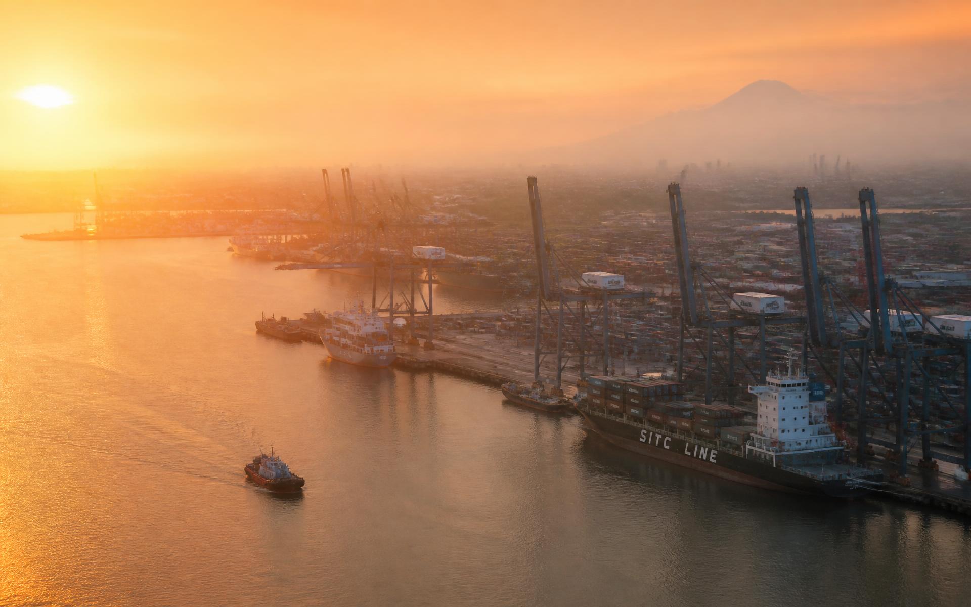 Indonesian port at sunset